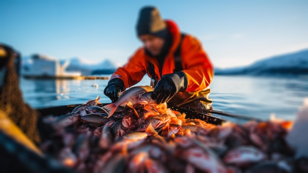 Pesca industrial de inverno peixe na rede classificação de peixe congelado no porto generativo ai