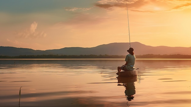 Pesca en un lago al amanecerGenerative Ai