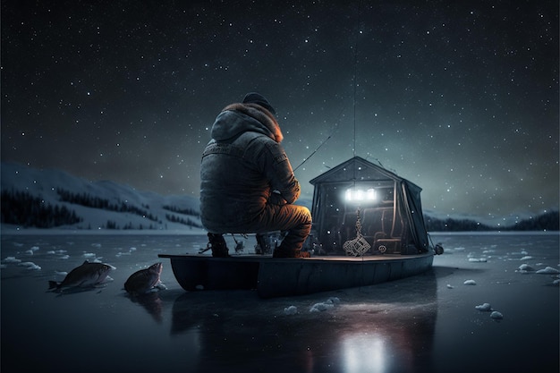 Pesca no gelo em um lago à noite com estrelas