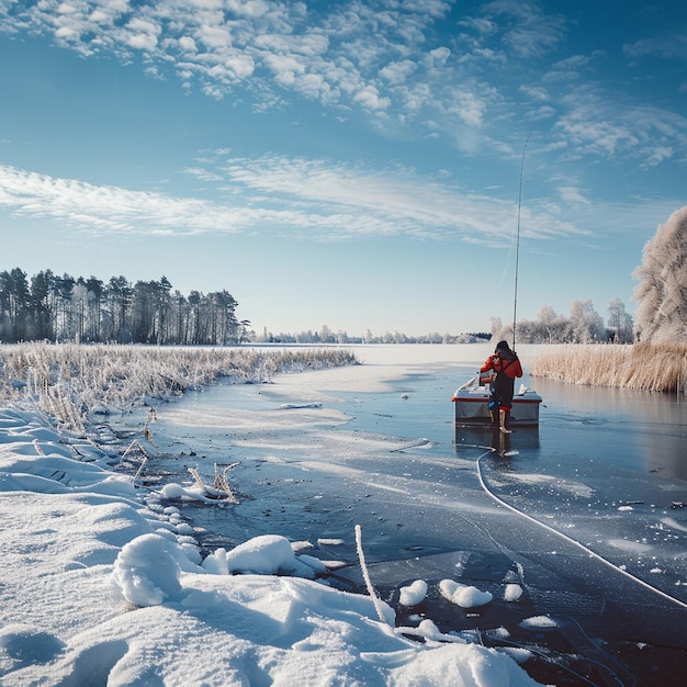Pesca no gelo no inverno em um lago nevasco da Estônia