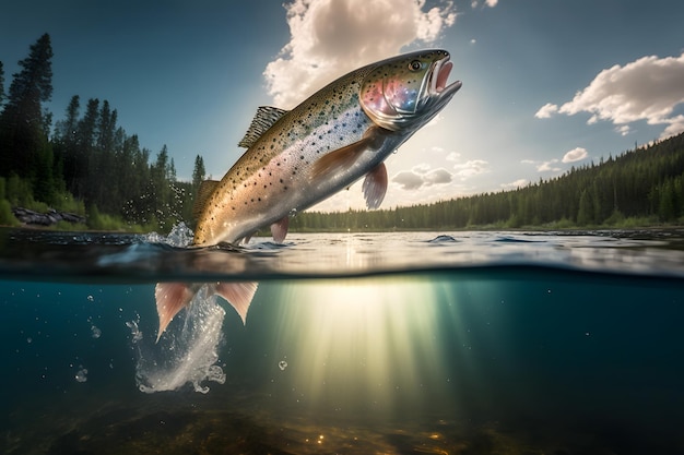 Pesca Pescado de trucha arco iris chapoteando en el agua de un lago forestal El pez salta del agua clara del río