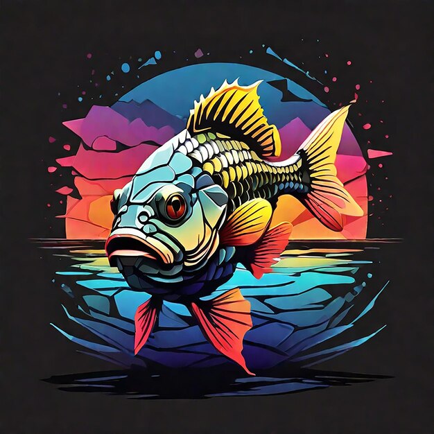 pesca vintage design pôr-do-sol tshirt arte 3D arte vetorial