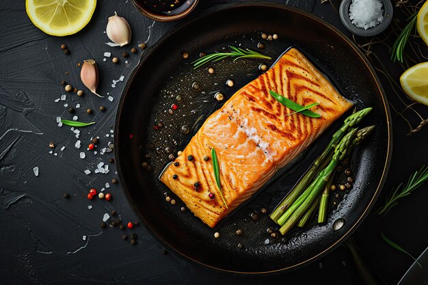 Pescado al horno con espárragos en el plato.