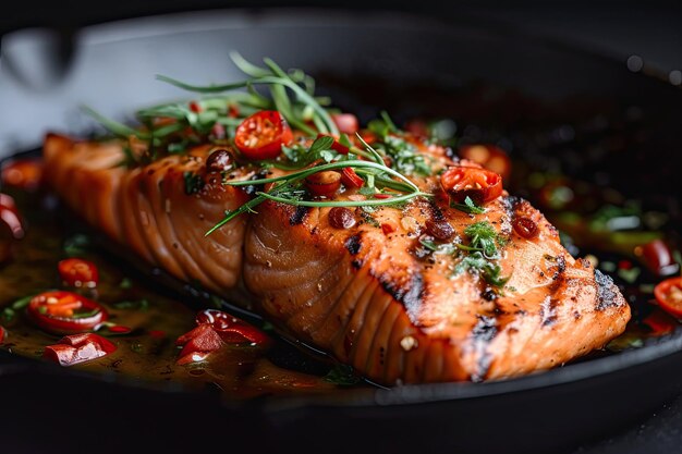 Pescado al horno con espárragos en el plato.