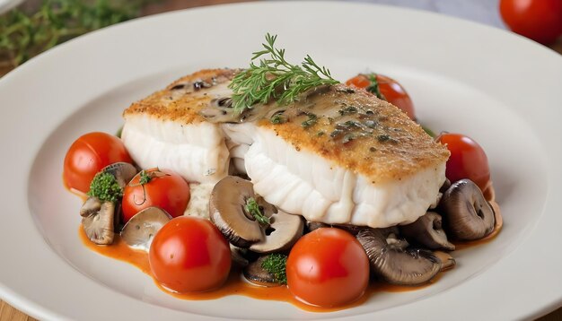 Foto pescado al horno con verduras y setas