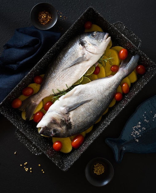 Foto pescado en una bandeja para hornear con papas y tomates listos para hornear