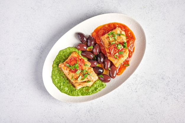 Pescado blanco con aceitunas, pesto y salsa de tomates y pimientos horneados en plato ovalado blanco, concepto de estilo de comida, vista superior, espacio de copia