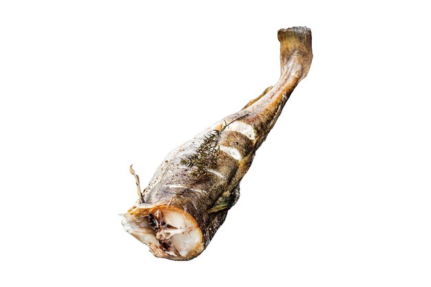 Foto pescado blanco de bacalao asado con tomillo en tablero de mármol con fondo blanco aislado
