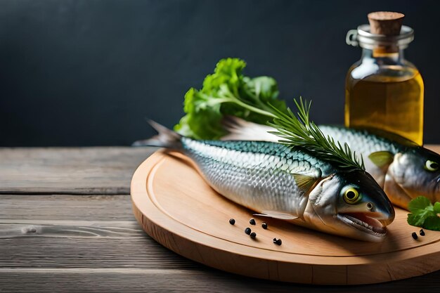 un pescado con una botella de aceite de oliva al lado con una botella de aceite de oliva.