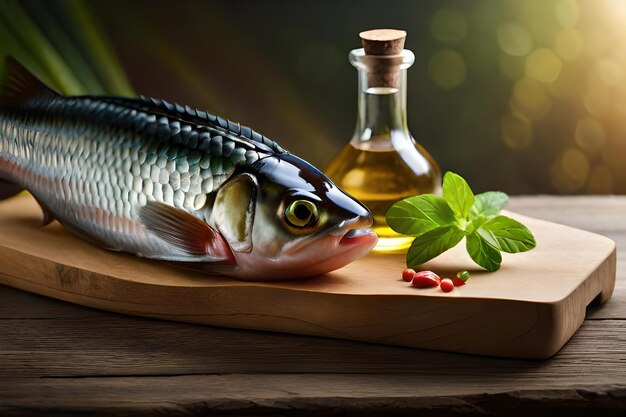 Foto pescado con una botella de aceite de oliva y una hoja.