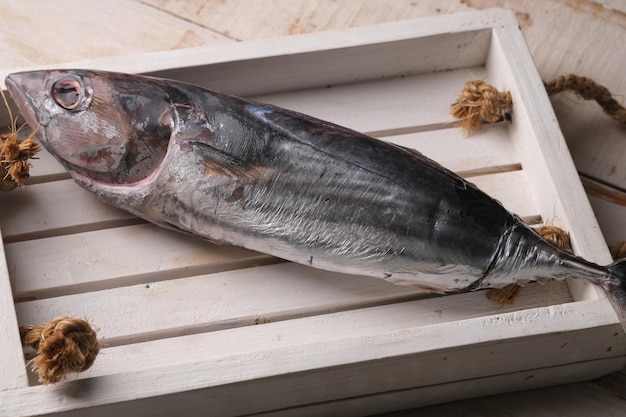 Un pescado en una caja de madera ikan tongkol atún en una bandeja de madera blanca