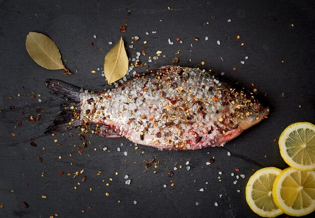 Un pescado cruciano fresco espolvoreado con especias yace sobre una pizarra negra