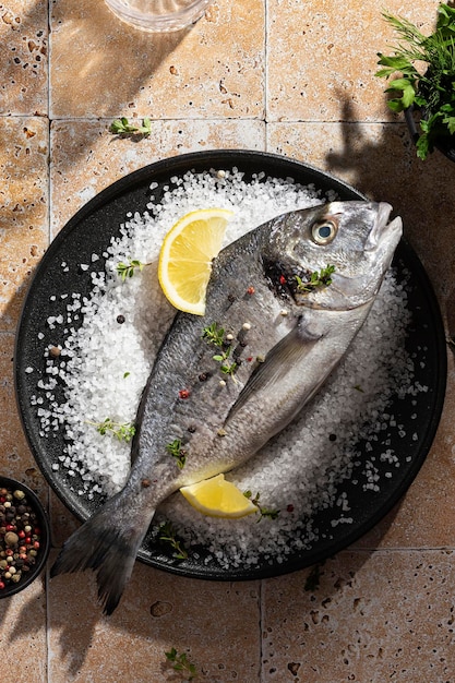Foto pescado crudo salado en un plato antes de cocinarlo