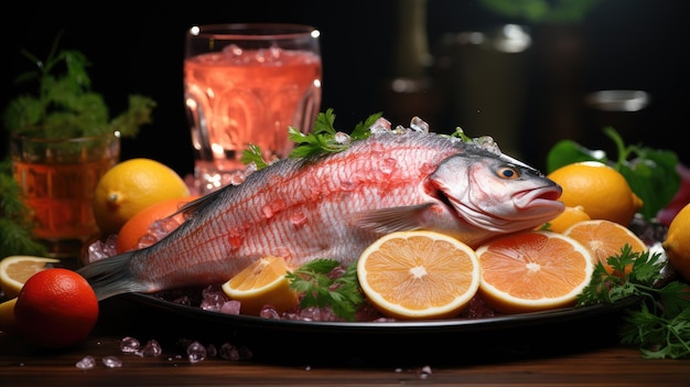 Pescado crudo con verduras más asombroso fondo de papel de pared HD 8K Imagen fotográfica de stock