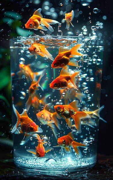 Pescado dorado en un acuario con burbujas