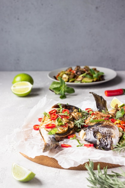 Pescado dorado al horno con lima, frío, hierbas y verduras