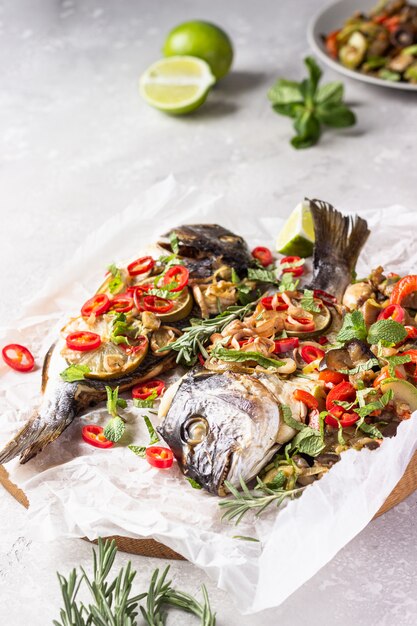 Pescado dorado al horno con lima, frío, hierbas y verduras