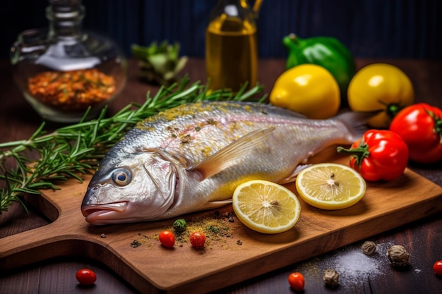 Pescado dorado crudo con especias cocinado en la tabla de cortar