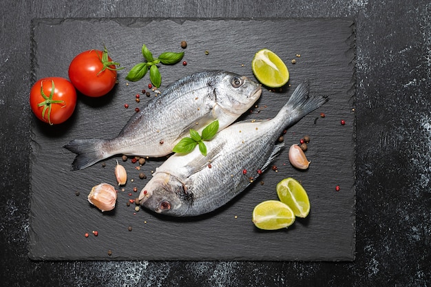 Pescado dorado crudo fresco sobre tablero de piedra negra con hierbas, especias y verduras.