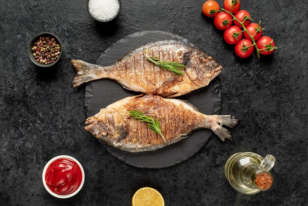 Pescado dorado a la parrilla sobre fondo de piedra