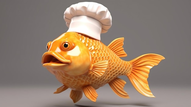 Pescado dorado con sombrero de chef personaje de dibujos animados pez con sombreiro de chef