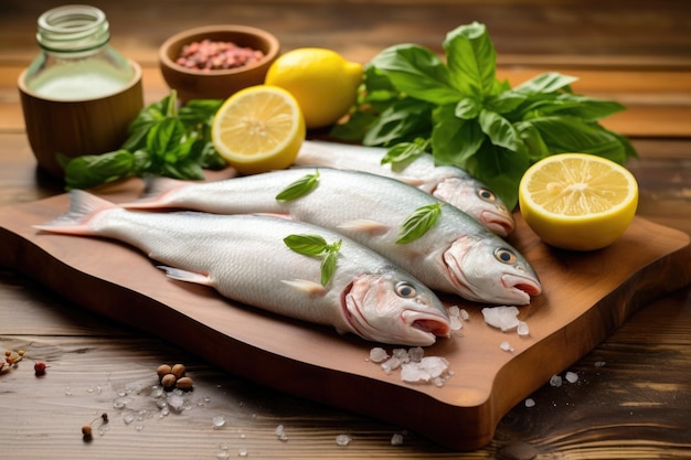 Pescado entero crudo con círculos de limón y albahaca sobre una tabla de madera