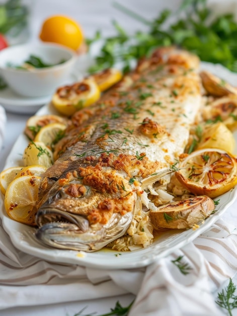 Un pescado entero elegantemente horneado adornado con hierbas y limón servido en un plato blanco perfecto para una comida gourmet