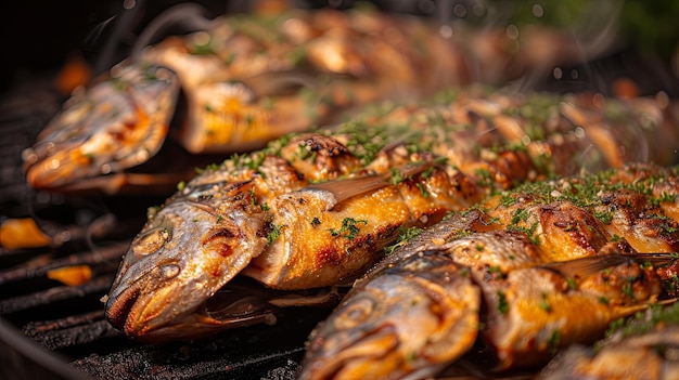 Pescado entero frito cocinado en una sartén de aceite de parrilla Diseño de fondo de bandera