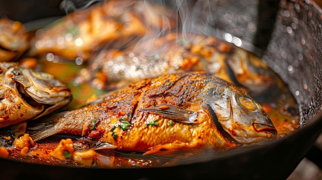 Pescado entero frito cocinado en una sartén de aceite de parrilla Diseño de fondo de bandera