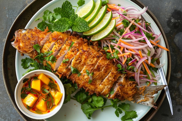 Pescado entero a la parrilla con rebanadas de limón hierbas frescas cebollas y salsa de mango en un plato rústico