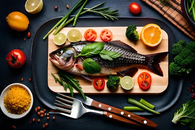 Un pescado está en una tabla de cortar con verduras y frutas.