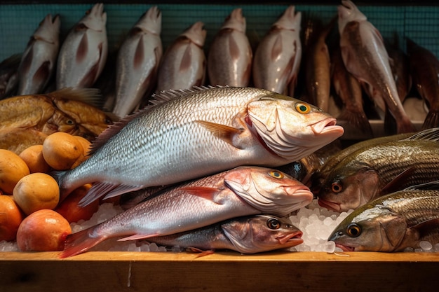 Pescado fresco en exhibición en un mercado de pescado con IA generada