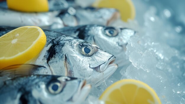 Foto pescado fresco en hielo con cuñas de limón