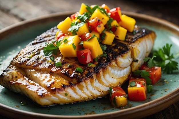 Pescado fresco a la parrilla con salsa de mango