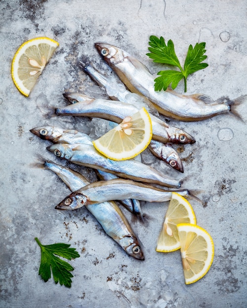 Pescado fresco de Shishamo de la captura coloca totalmente los huevos planos en fondo lamentable del metal.