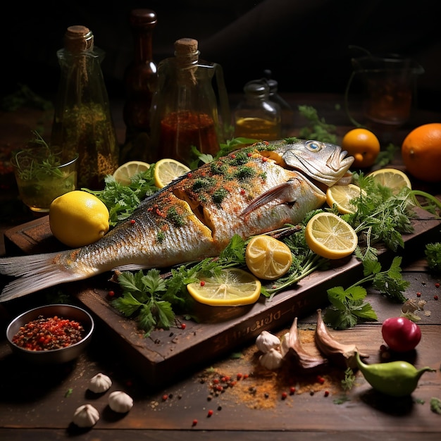 Foto pescado fresco sobre fondo de piedra con limones y tomates