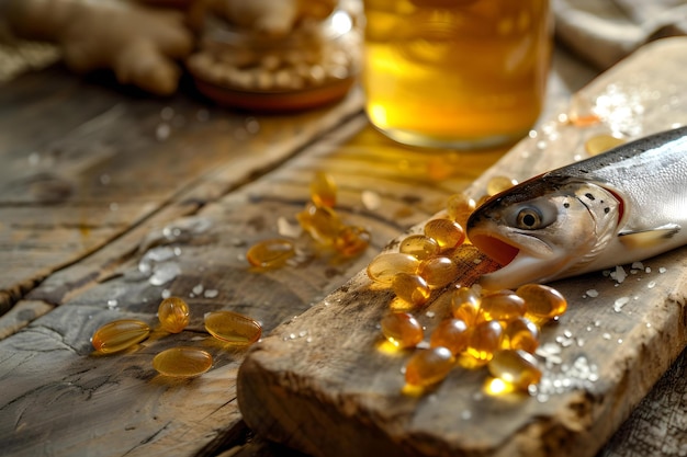 Pescado fresco con vitaminas de ámbar en una tabla rústica concepto nutricional de mariscos con aceites omega escena culinaria de estilo rústico con luz natural IA