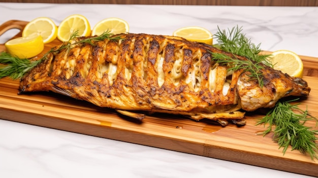 pescado frito con limón y eneldo en una tabla de madera