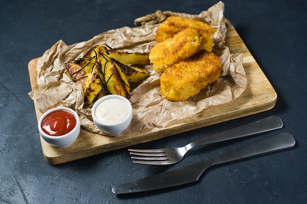 Pescado frito con patatas fritas tradicionales ingleses en una tajadera de madera.