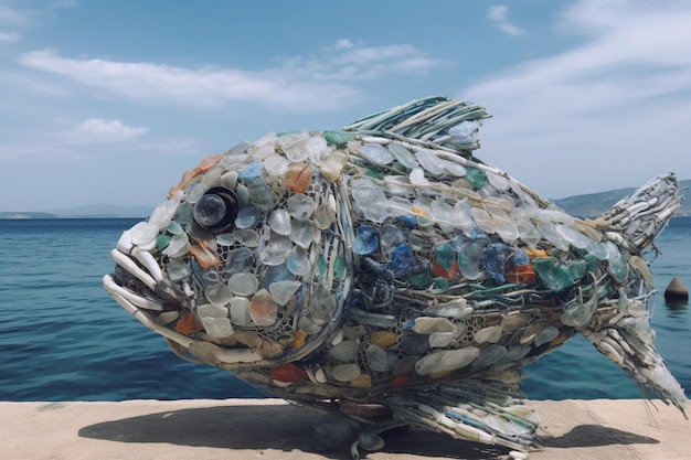 pescado hecho de plástico y bolsas arrojadas al mar