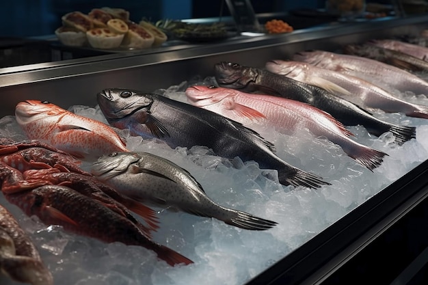 Pescado en hielo en un mercado de mariscos