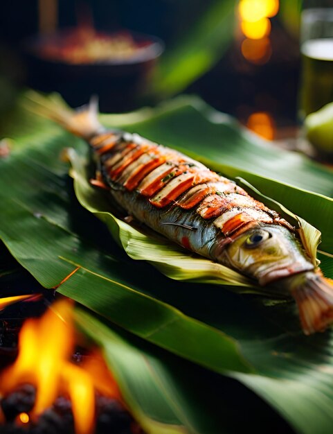 pescado en hojas de plátano para aturdir