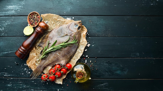 Pescado de lenguado crudo con especias. Mariscos sobre un fondo de piedra negra. Vista superior. Espacio de copia libre.