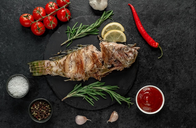 Pescado loro a la parrilla sobre fondo de piedra