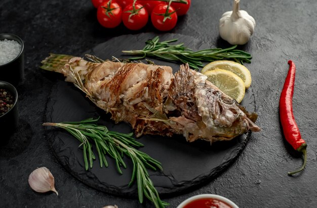 Pescado loro a la parrilla sobre fondo de piedra