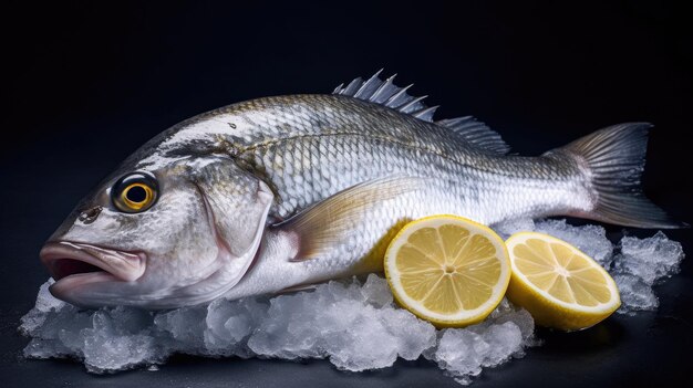 Pescado de lubina fresco con limón en hielo