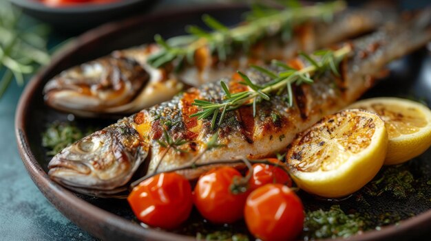 pescado de mar asado en un plato con tomates limón y romero