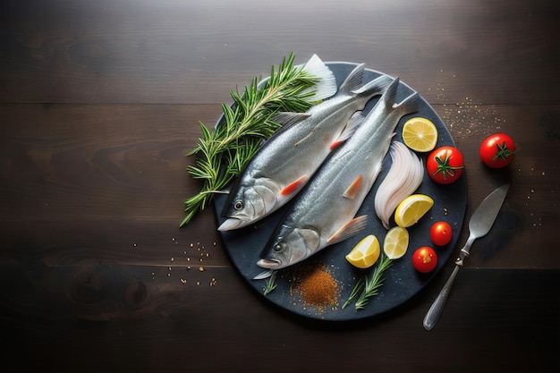 Pescado de mar en una mesa oscura con tomates y especias IA generativa