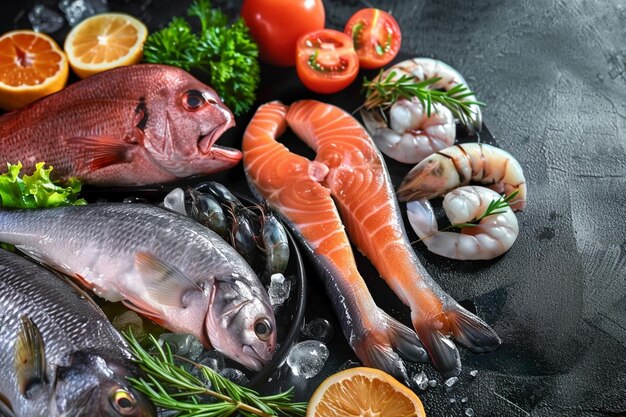 pescado y mariscos frescos sobre un fondo negro