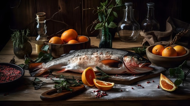 Pescado en una mesa con naranjas y hierbas.